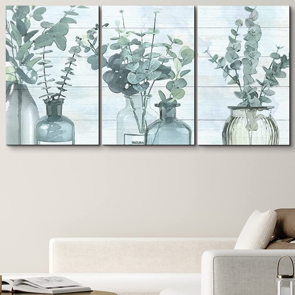 PixonSign Canvas Print Wall Art Set Green Forest Leaves in Teal Bottle Vases Floral Wilderness Watercolor Modern Art Chic Group Relax/Calm Multicolor Pastel for Living Room, Bedroom - 24"x36"x3