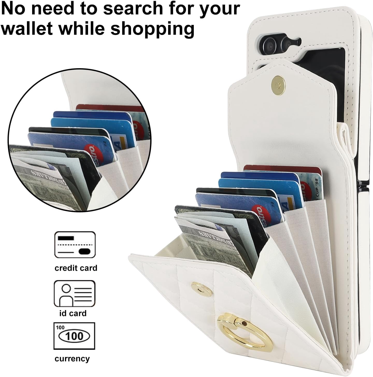 Phone Case for Samsung Galaxy Z Flip 5 5G 2023 Wallet Cover with RFID Blocking Ring Crossbody Wrist Strap Stand Credit Card Holder Leather Cell ZFlip5 Z5 G Flip5 5Z Women Men Girls Off White
