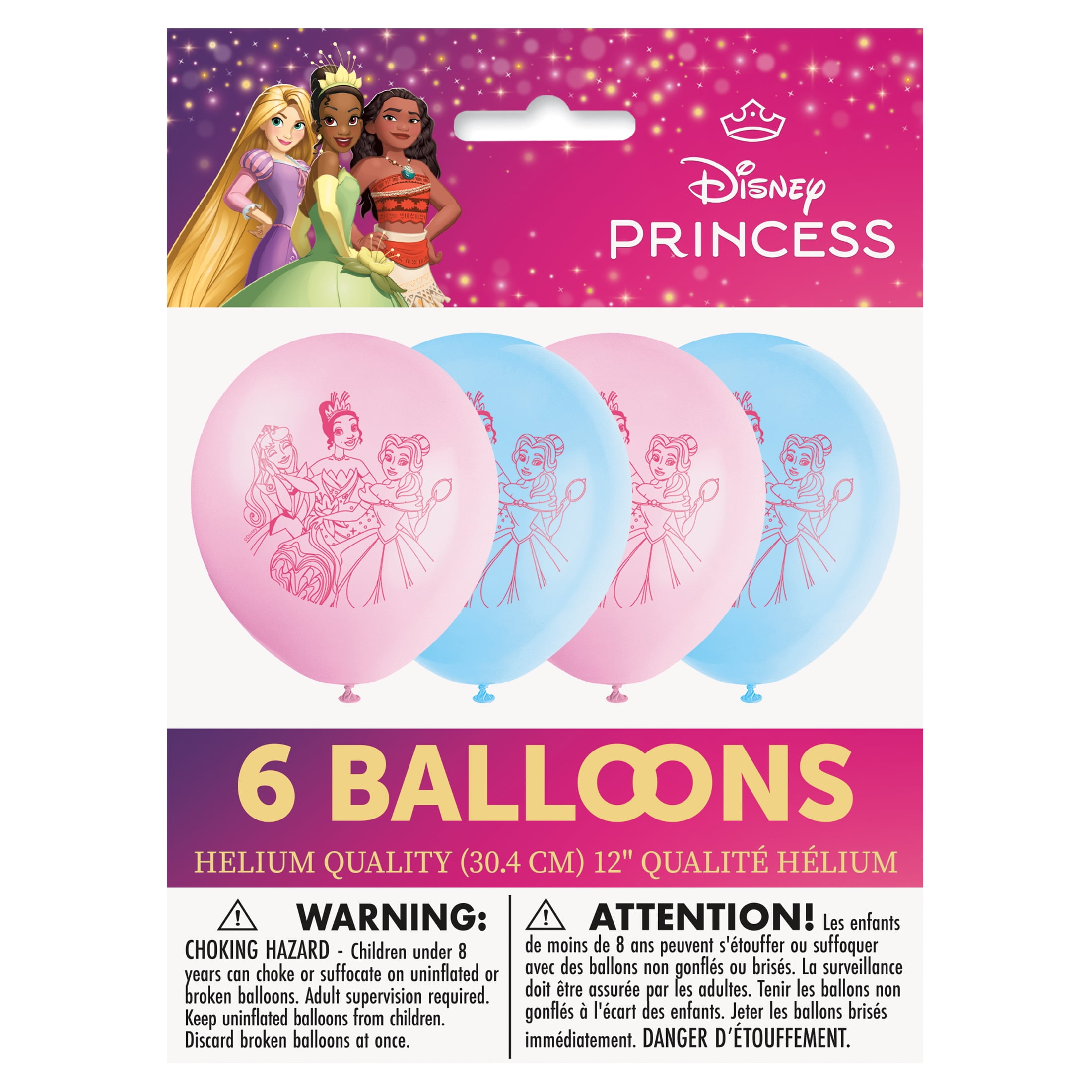 Disney Princess Assorted Pink and Blue 12" Latex Balloons, 6ct