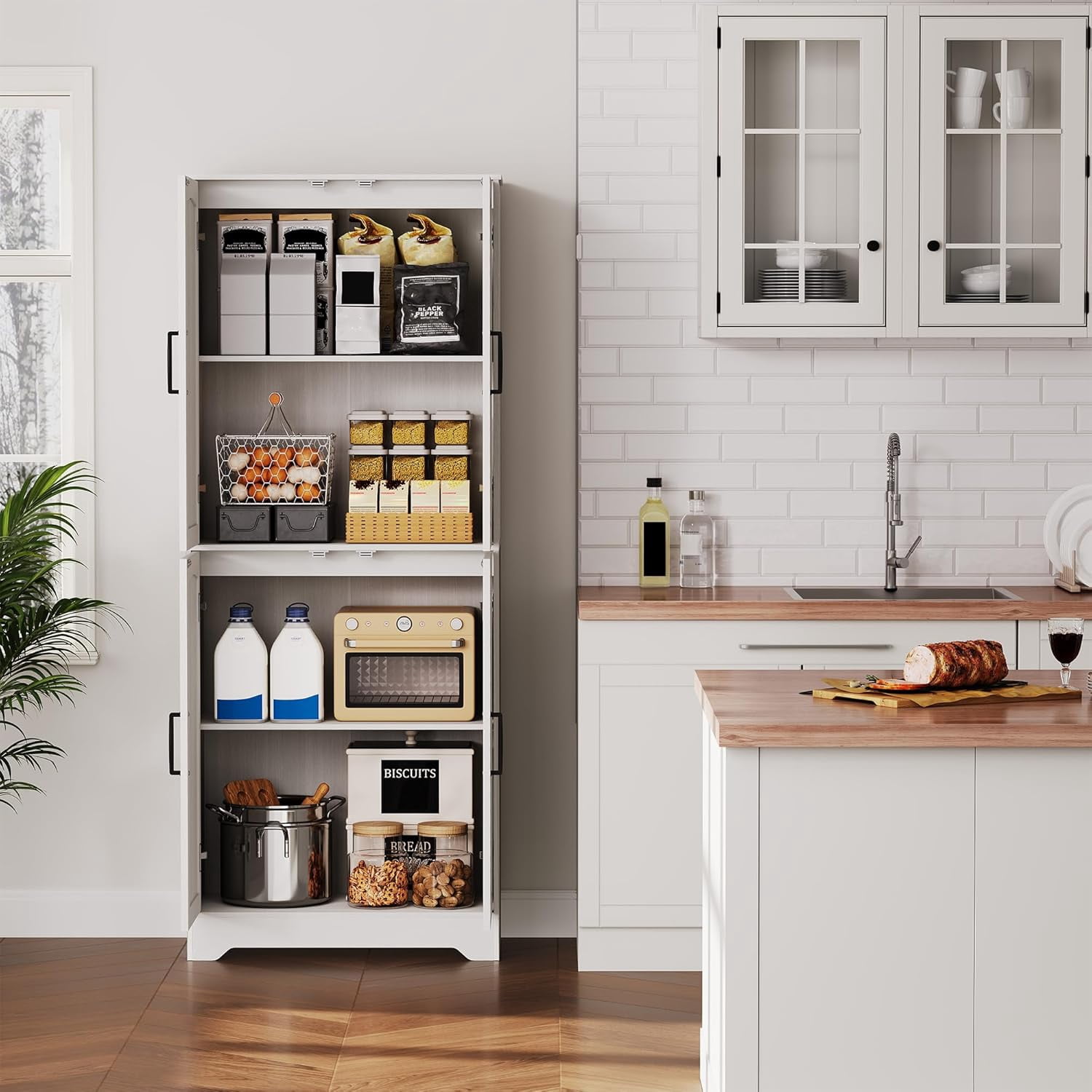 71" Tall Farmhouse Kitchen Pantry Cabinet – Freestanding Wood Storage Cupboard with 4 Doors & Adjustable Shelves for Dining or Living Room, White