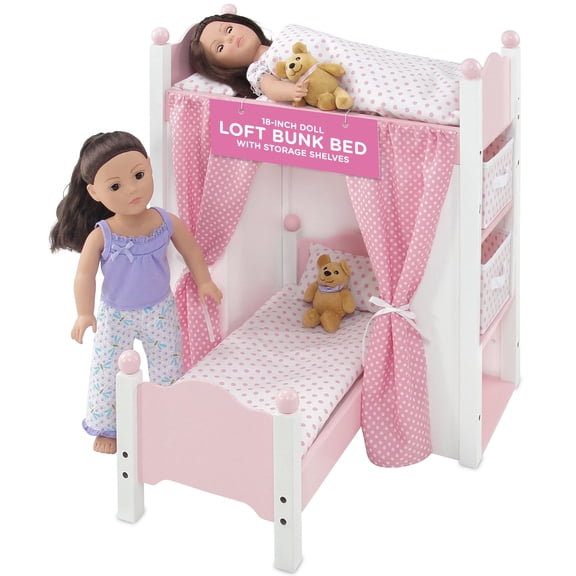 Emily Rose 18 Inch Doll Furniture Loft Bunk Bed with Doll Clothes Storage Shelves, Bins & Bedding - Fits 15" - 19" Dolls