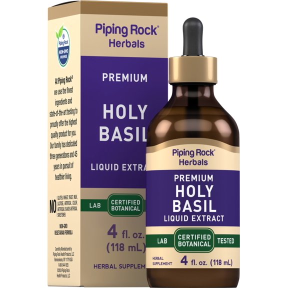 Holy Basil Liquid Extract | 4 fl oz | Tulsi Leaf Tincture | for Women & Men | by Piping Rock