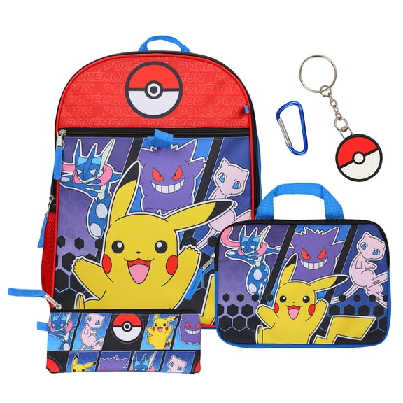 Pokemon 5-Piece Set: 16 Backpack Padded Utility Case Small Utility Case Rubber Keychain and Carabiner