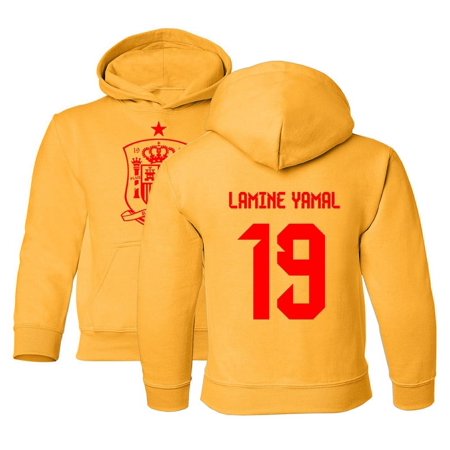 Spain Soccer Cup Fan - Lamine Yamal 19 Jersey Style Youth Hooded Sweatshirt (Gold, Youth X-Large)