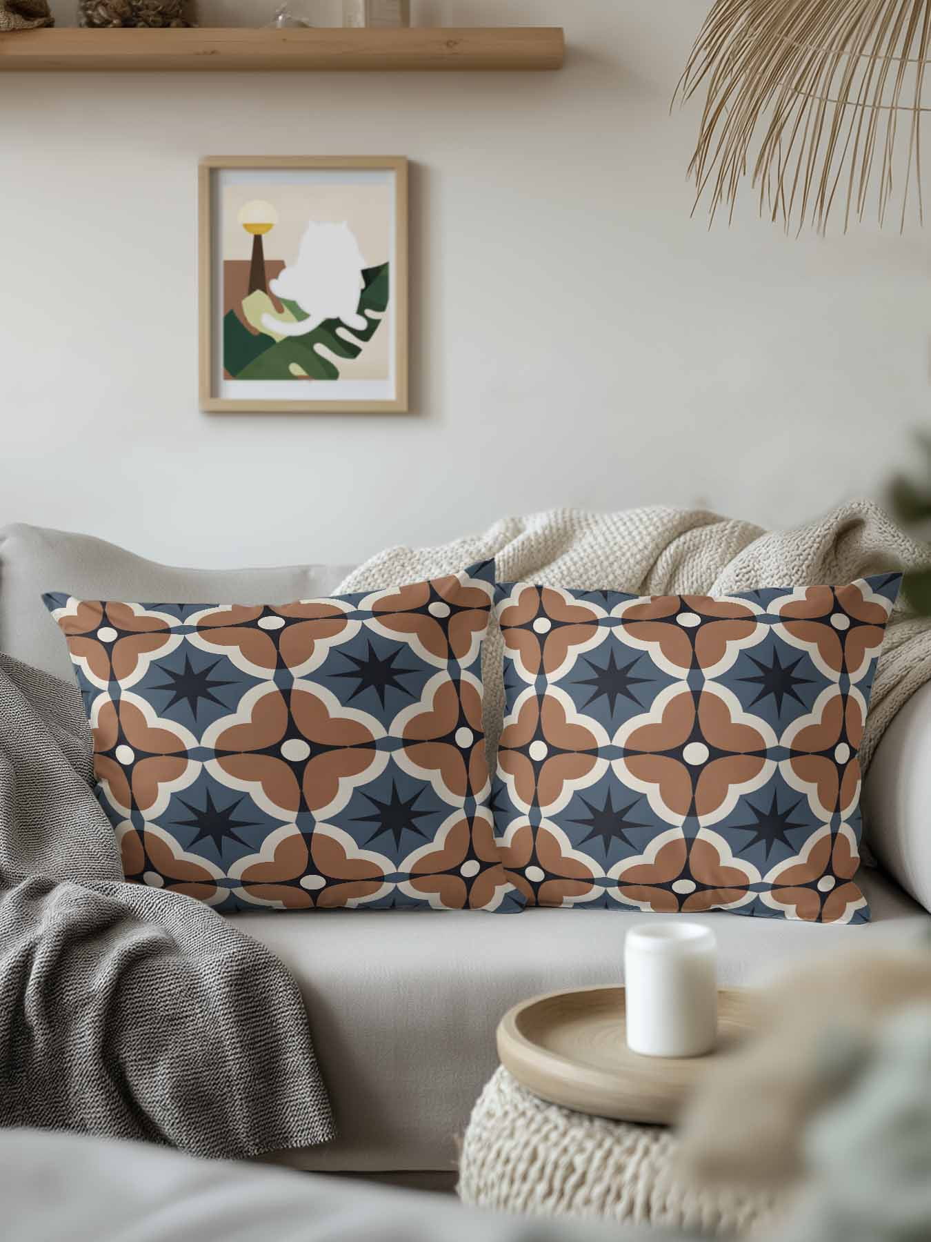 1 Pack Outdoor Pillows Waterproof, Blue Brown Flowers Indoor/Outdoor Throw Pillows with Inserts, Farmhouse Boho Geometric Floral Decorative Pillow for Patio Furniture Chairs Couch