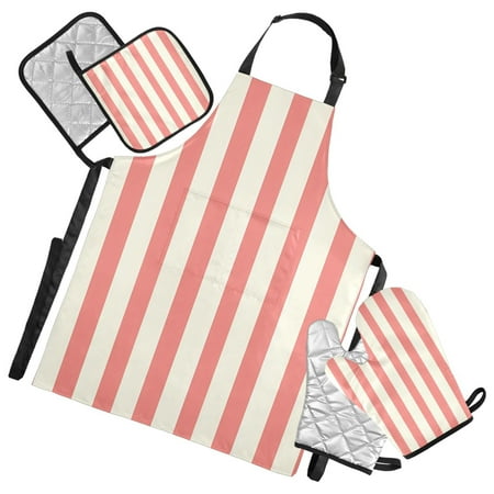 

5 Pcs Kitchen Set Heat Resistant Oven Mitts and Non-Slip Pot Holders with Adjustable Cooking Apron Pale Red and Off-white Striped
