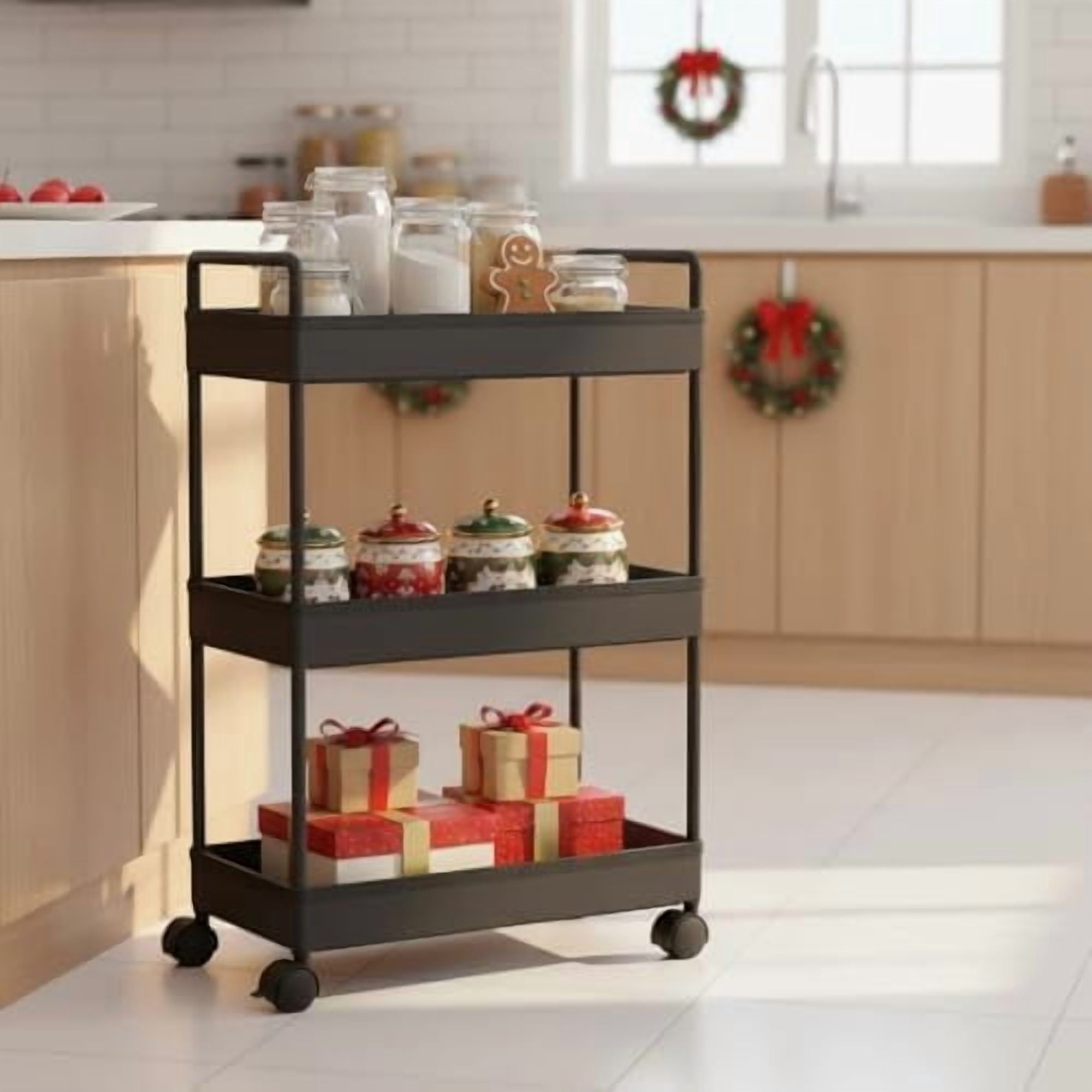 3 Tier Slim Rolling Storage Cart with Wheels Plastic Utility Cart Organizer for Snack Craft Art Postpartum Baby Diaper Nail Makeup in Bathroom Laundry Room Kitchen Bedside Narrow Space, Black