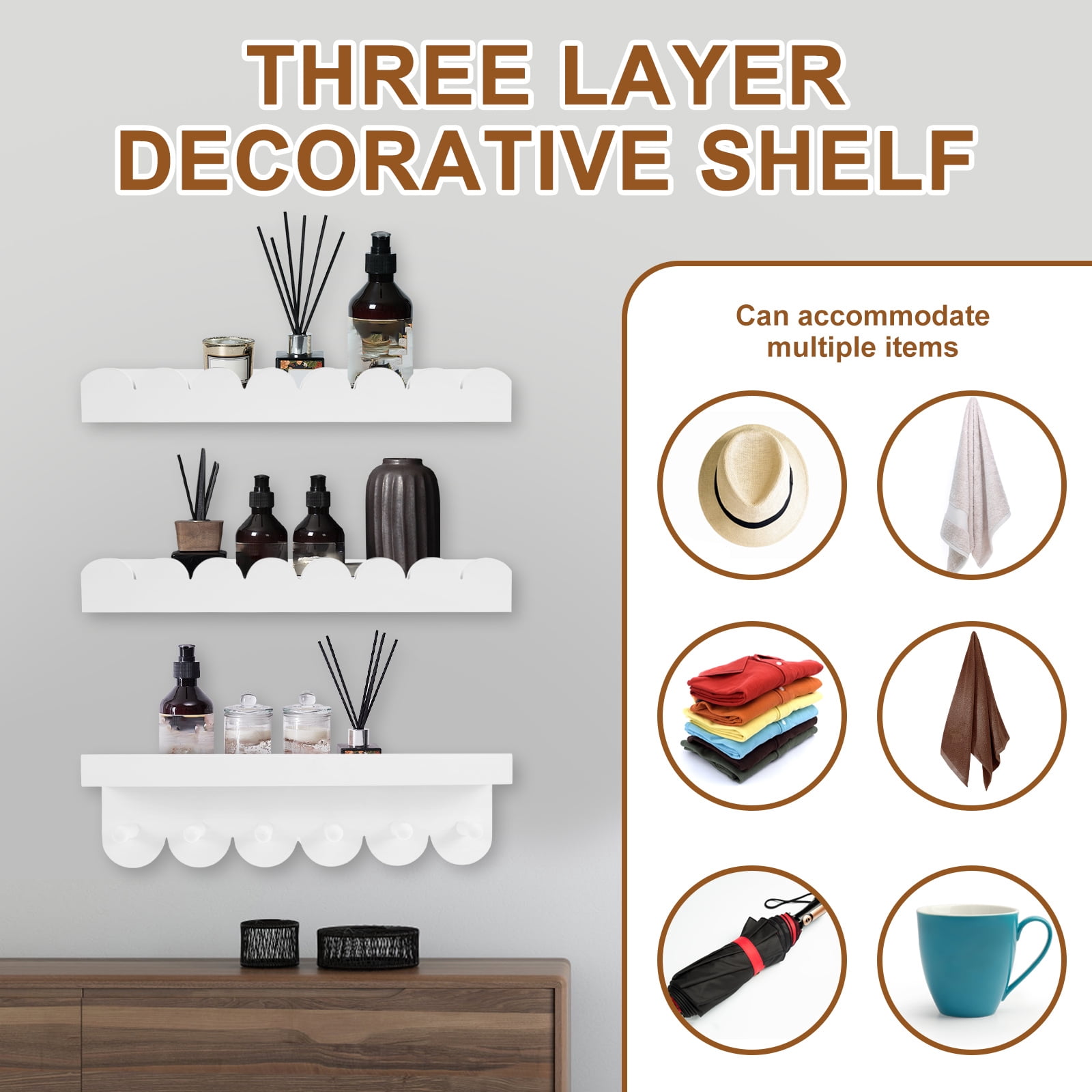 3Pcs Scalloped Wood Wall Storage Shelf Versatile Strong Load Bearing Wood Floating Wall Shelf for Nursery Living Room Toddler Room