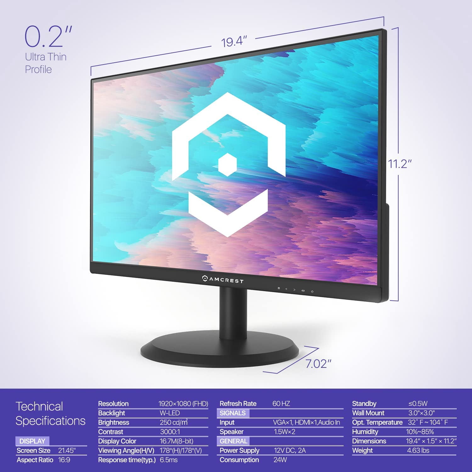 Amcrest 22" 1080p W-LED 60 Hz Computer Monitor, Black, AM-LM22