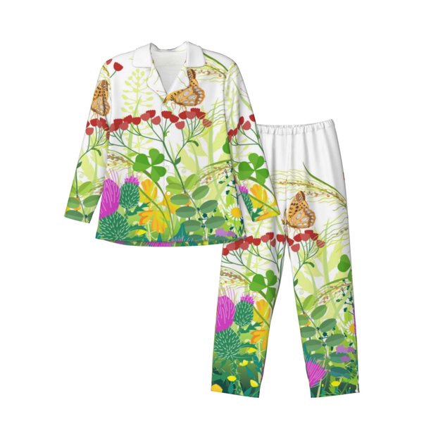 Fotbe Plants and Insects Pijama de Hombre con Estampado de Manga Larga, Conjunto de 2 Piezas, Ropa de Dormir Suave y Cómoda con Bolsillos-X-Large