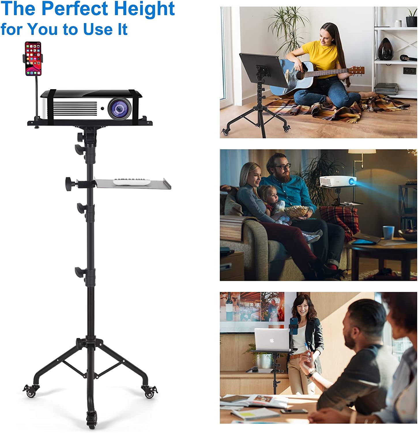 Laptop Tripod Stand with Wheels and Shelves, Adjustable Projector Floor Mount 25.9-51.8 Inch for Home Office