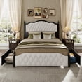 thumbnail image 2 of ANPOO Queen Upholstered Bed Frame with 51.2" Tall Tufted Headboard, Roman Column Design, Sturdy Platform Bed with 2 Drawers & LED Light & Wooden Slats Support, No Box Spring Needed, 1000 lbs Capacity, 2 of 9