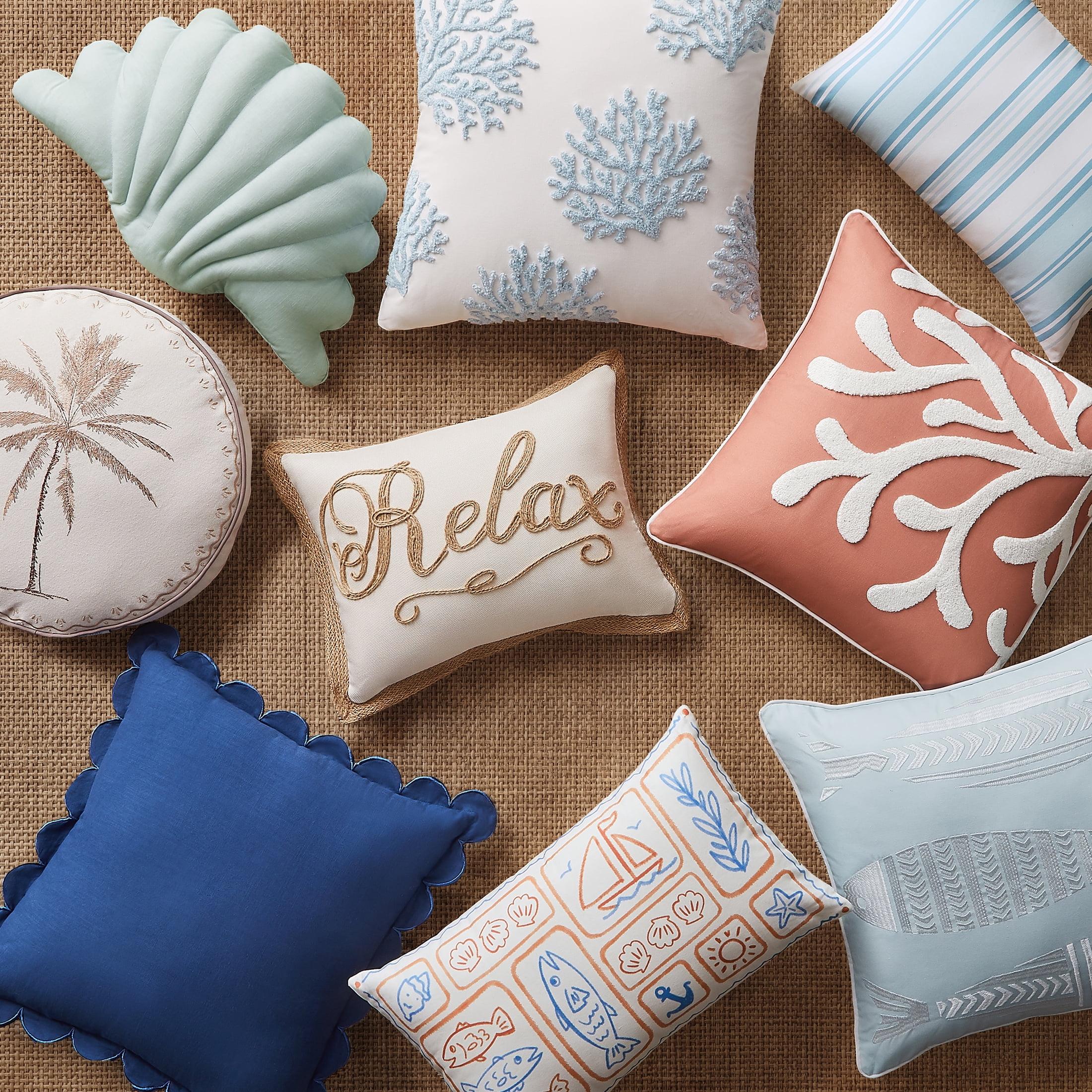 Coastal Living 18" x 18" Blue Scallop 100% Cotton Decorative Throw Pillow for Couch or Bed