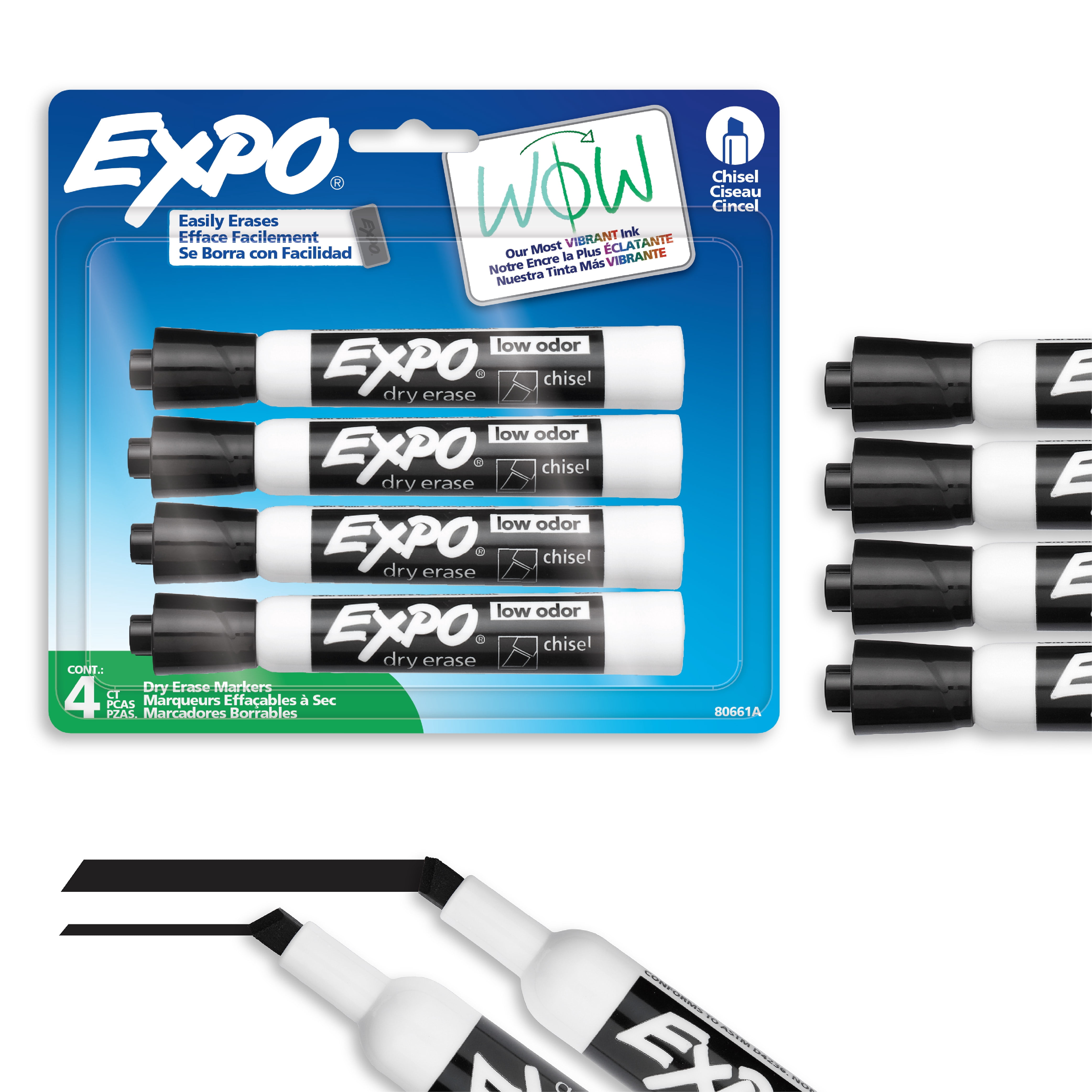 EXPO Dry Erase Markers, Low Odour Ink, Chisel Tip, Black, 4 Count