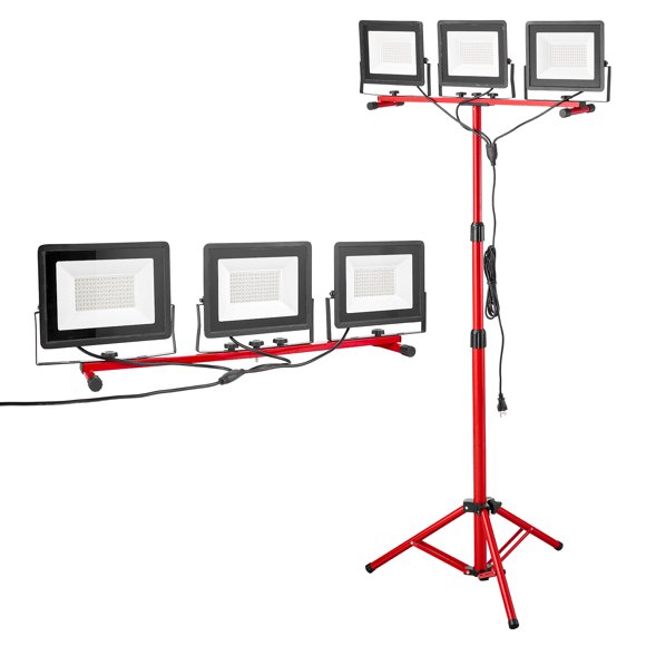 VEVOR LED Work Light with Stand, 21000 Lumens, Three-Head Portable Camping Light with Individual Switch, Tripod Stand, 10.83 ft Power Cord, IP65 Waterproof