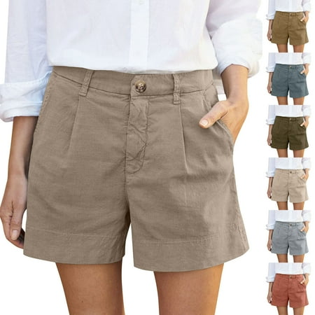 QATAINLAV Linen Shorts for Women Summer Wide Leg Shorts High Waisted Bermuda Shorts Dressy Casual Work Shorts with Pockets Coffee L Summer Clearance Prime