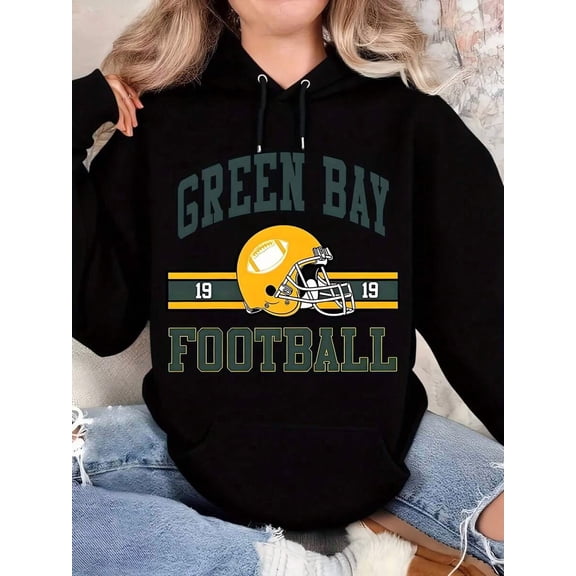 Women Hoodie Green Bay Football Helmet Print 19 Sports Team Design Fashionable Casual Sweatshirt With Comfortable Fit Lightweight Polyester Fabric Soft Breathable Wearable For Daily Outings Gym Activ