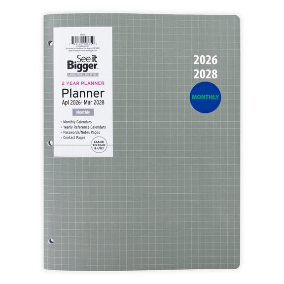 See It Bigger Monthly Planner, Large (8.5” x 11”), Grey, 2-Year: Apr 2026 - Mar 2028