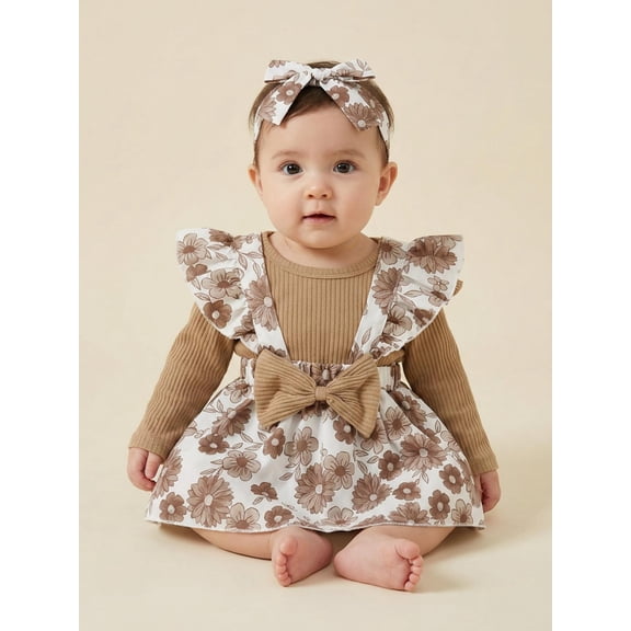 Baby Girls Spring Outfits Short Sleeve Ribbed Romper Suspender Skirt Headband Set Newborn 3 Piece Clothes