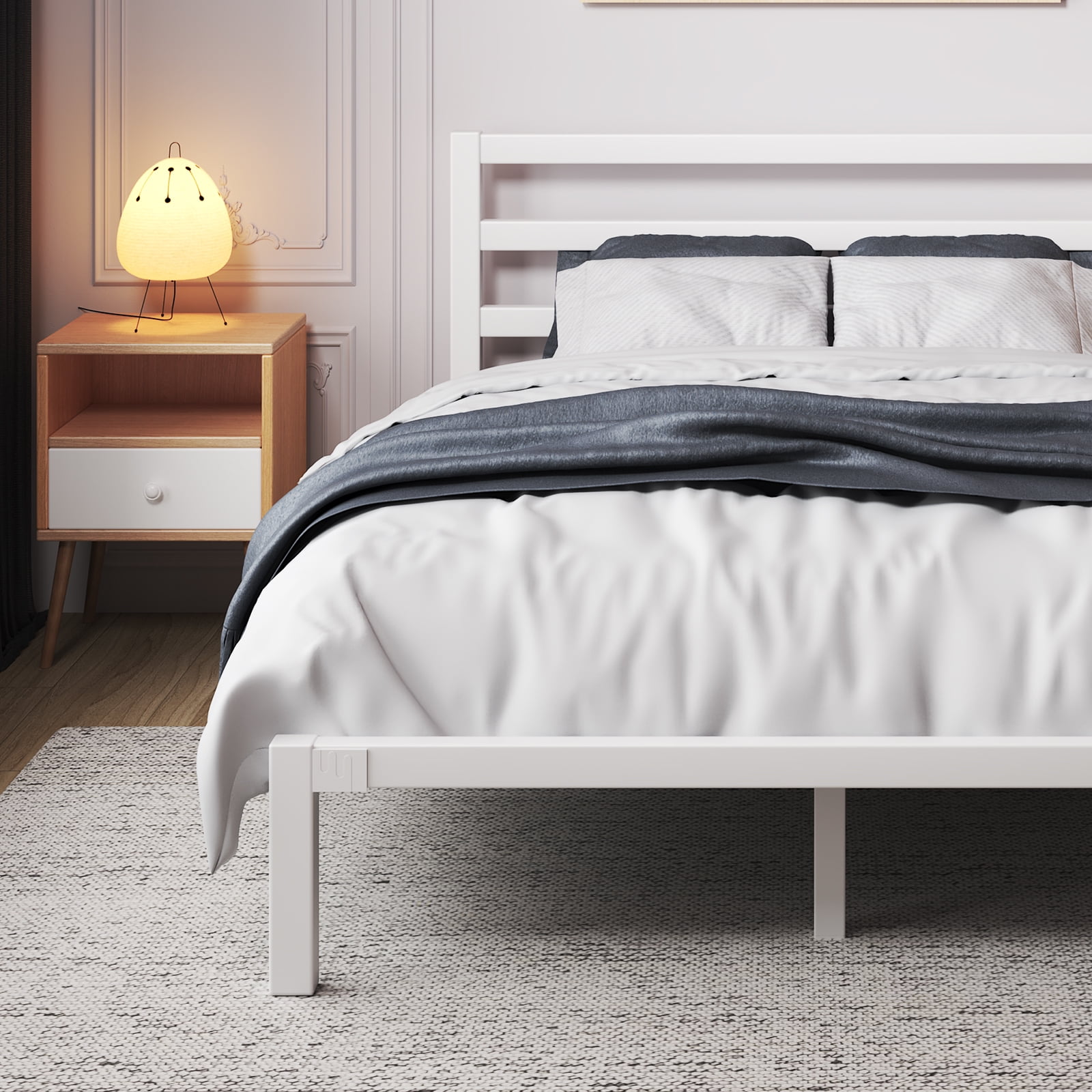 Full Size Metal Platform Bed Frame with Headboard, Heavy Duty Steel Slat Support, Under-Bed Storage, No Box Spring Needed, White