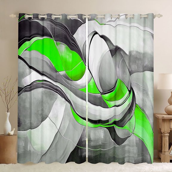 Homewish Green Swirl Geometric Kitchen Curtains,Modern Abstract Black Out Curtains Pack of 2 (42x63 Each)