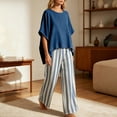 thumbnail image 5 of Costeam Womens Vertical Stripe Wide Leg Pant Two Piece Outfit Oversized Asymmetric Hem Short Sleeve Crew Neck Top with Side Pocket Loose Fit Casual Co Ord Set, 5 of 6