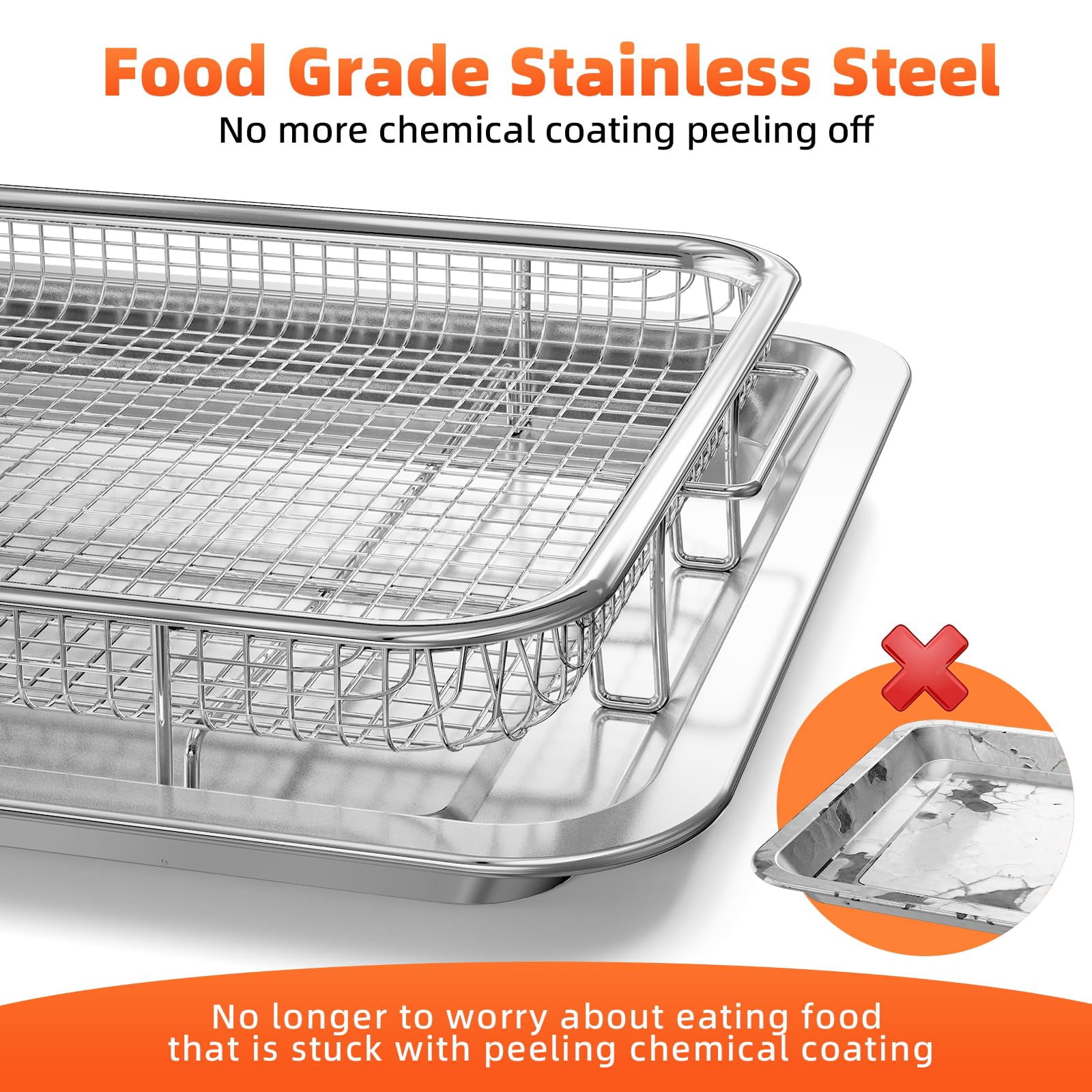 Air Fryer Basket for Oven,Oven Air Fryer Basket and Tray with 30 PCS Parchment Papers,2 Set Stainless Steel Air Fryer Pan and Crisper Tray for Baking Grilling Silver(15.6 x 11.6 inch)