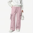 thumbnail image 3 of Bixock Cargo Pants for Girls High Waist Wide Leg Pants Kids Trousers Elastic Waist Bow Patch Pocket Button Waistband Drape Solid Color Breathable Casual Daily Wear Size 9-10Years, 3 of 6