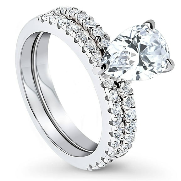 BERRICLE Sterling Silver Solitaire Wedding Engagement Rings 1.8 Carat Pear Cut Cubic Zirconia CZ Hidden Halo Ring Set for Women, Rhodium Plated Size 6.5