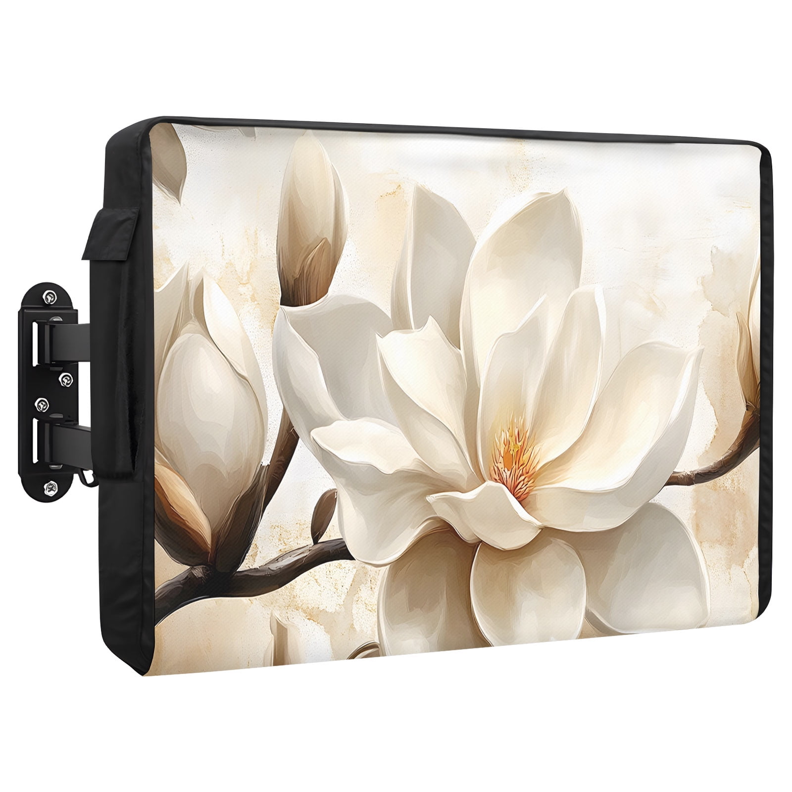 Retro Magnolia Outdoor TV Cover 52 to 55 Inch White Floral Vintage Pastoral Style Weatherproof and Waterproof TV Cover Heavy Duty Outside Flat TV Screen Protector with Remote Control Pocket