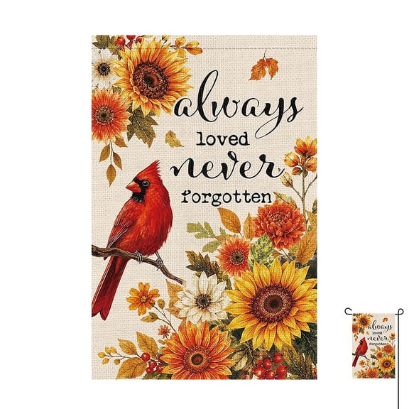Fall Memorial Garden Flag, Always Loved Never Forgotten Red Cardinal Fall Garden Flag, Small Burlap Yard Outdoor Outside Home Decor Sign, for Grave Cemetery Seasonal Decoration