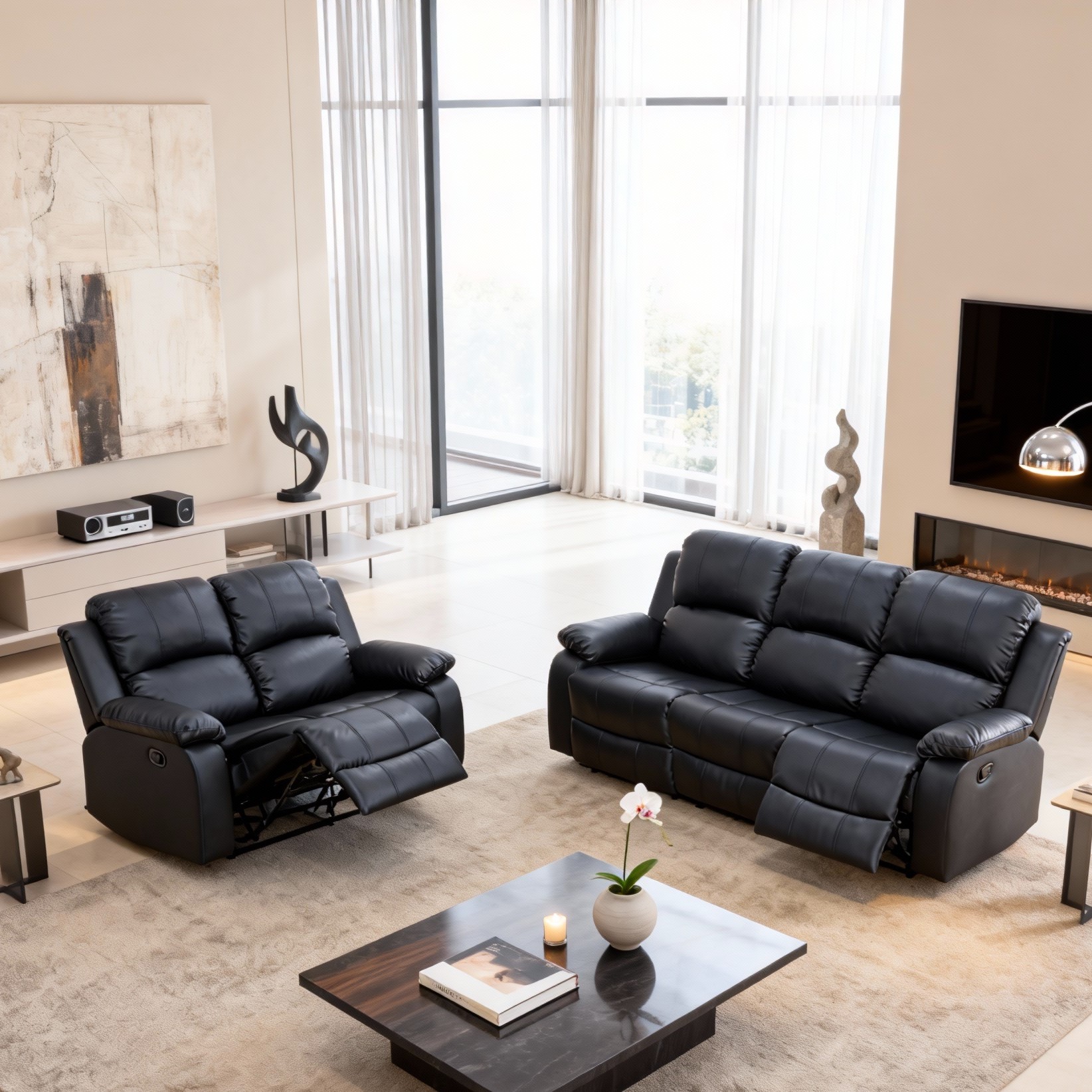Gewnee Black 2-Piece Living Room Air Leather Recliner Sofa Set