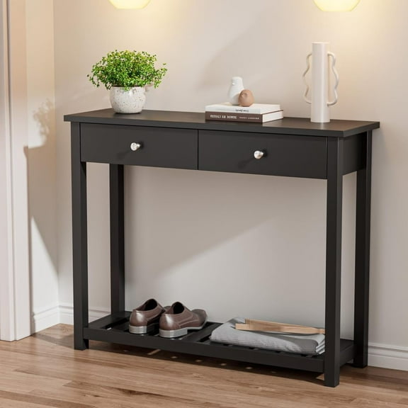 DYJP 40" Black Narrow Console Table - 2 Drawers   Storage Shelf Modern Entryway Table