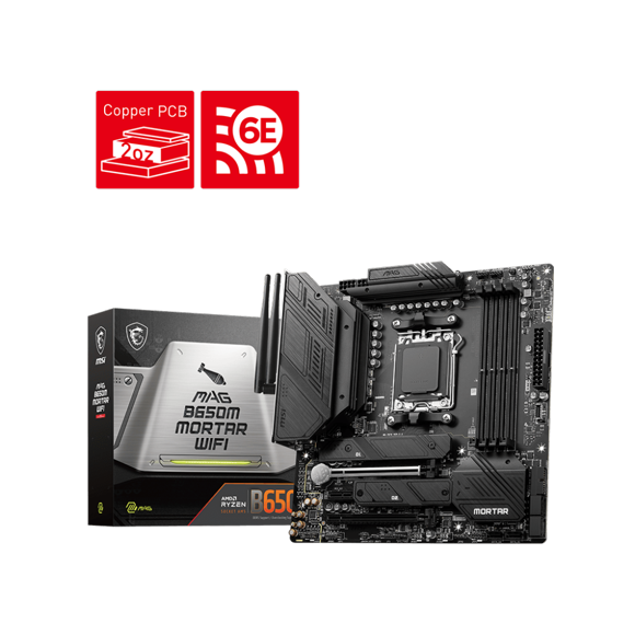 MSI MAG B650M Mortar WiFi Carte Mère de Jeu (AMD AM5, mATX, DDR5, PCIe 4.0, M.2, SATA 6 Gb/s, USB 3.2 Gen 2, HDMI/DP, Wi‐Fi 6E, AMD Ryzen Série 7000 Processeurs de Bureau)