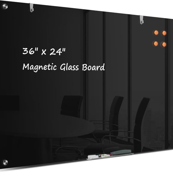 Dry Erase Board Black Magnetic Glass Whiteboard,  Modern Large Frameless Tempered Glass White Board for Wall, Office, School, Home, 36” x 24”, 3' x 2' White Board