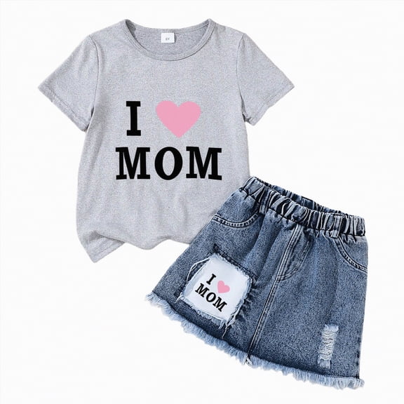 TOWED22 Girl's Summer 2 Piece Outfits Cute Short Sleeve Bow Print Short Sleeve Tee A Line Denim Skirt Sets(W,3-4 Y)