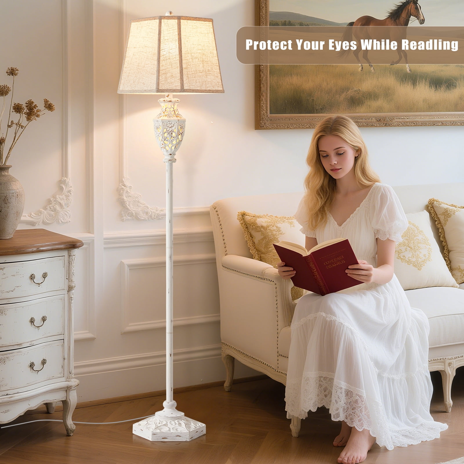 NATYSWAN Vintage Floor Lamp,Resin Tall Standing Lamp with 6-Sided Carved Hollow Nightlight,63in Reading Lamps for Living Room, Bedroom