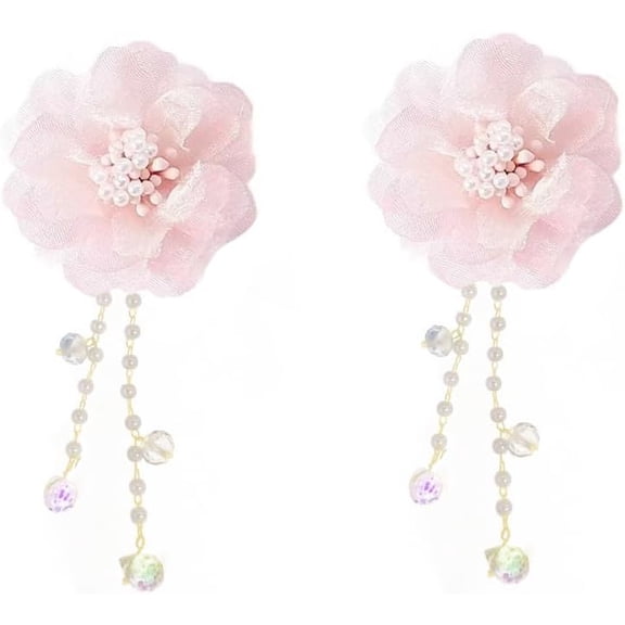 Elegant Fabric Flower Dangle Earring for Women Bride Unique Handmade Charm Chic Pearl Crystal Petal Chiffon Pink Floral Tassel Drop Earrings Vacation Wedding Jewelry Summer Holiday Statement