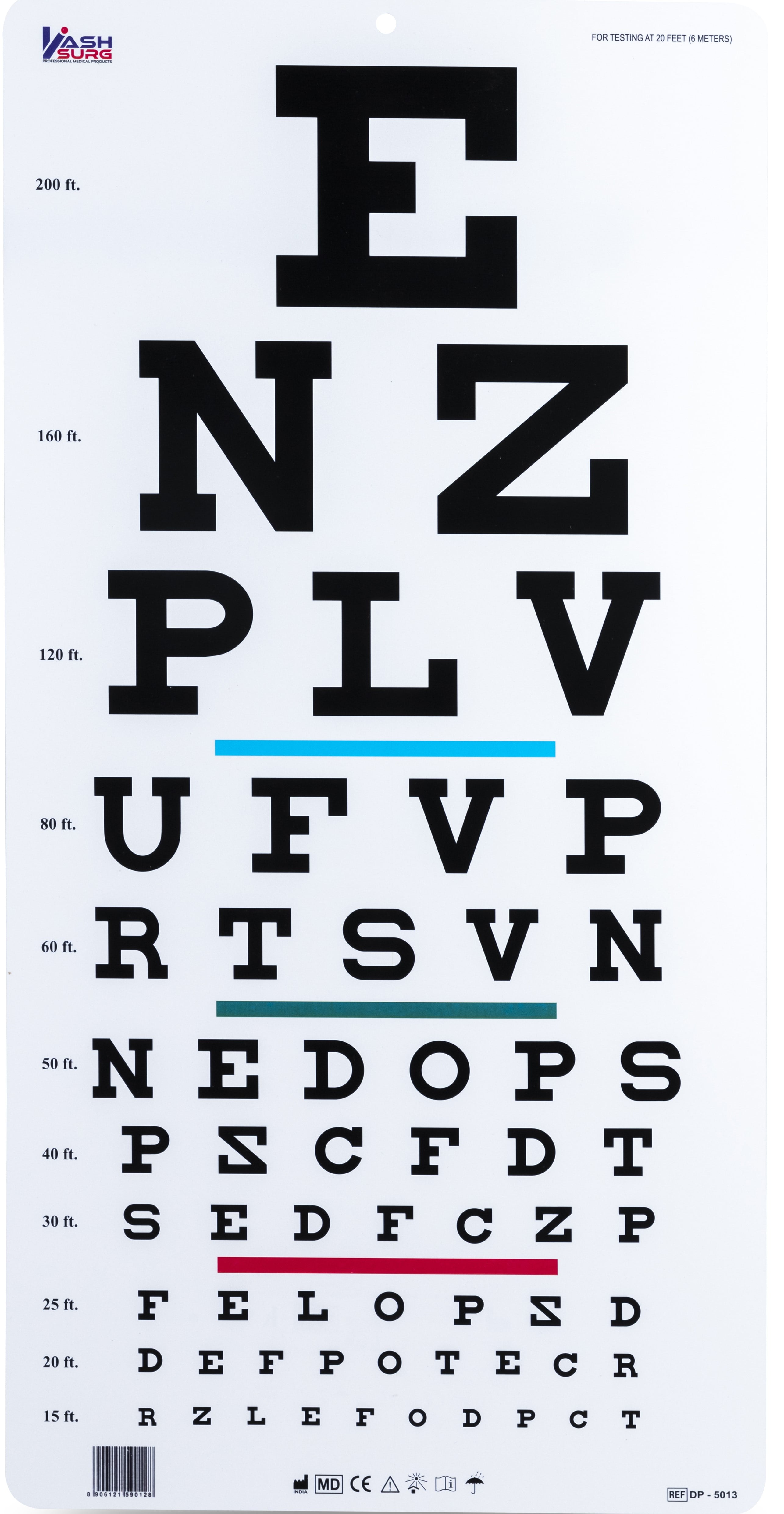 Snellen Letter Eye Chart with Red Green Blue Bar Visual Acuity Test 6m