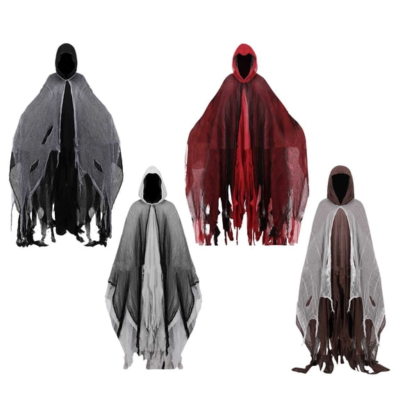 Hyknon Halloween Hooded Cloak for Men Women, Scary Tattered Ghost Grim Reaper Costume, Medieval Renaissance Gothic Wizard Cape, Unisex Multi-Layer Breathable Witch Vampire Cosplay Costume 70.8"