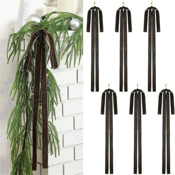 Christmas Bow Ornaments – Set of 6 Long Tail Red Velvet Ribbon Bows with Hanging Loop, Holiday Tree, Wreath, Mantle, and Gift Decoration for Indoor & Outdoor Xmas Party Décor