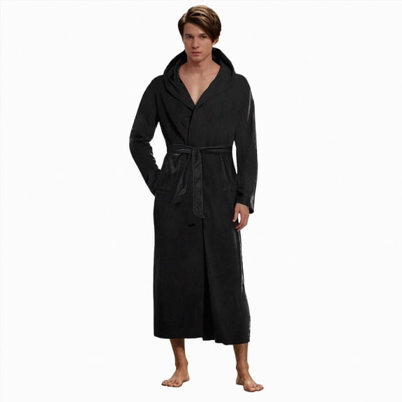 NOLDARES Mens Hooded Bathrobe Pure Long Robe for Men Super Absorbent Quick Drying Luxury Spa Robe(H223-Black)