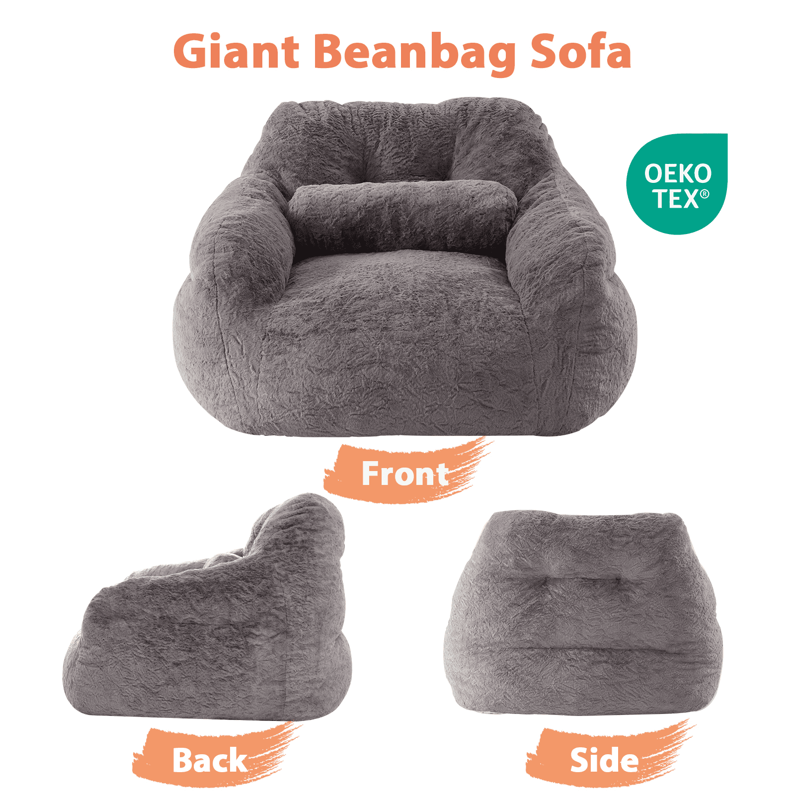 Ebenchico 3.8ft Oversized Bean Bag Chair for Adults Teens Kids, Beanbag Chairs with Pillow, Reading Gaming Relaxing Chair, Dark Gray