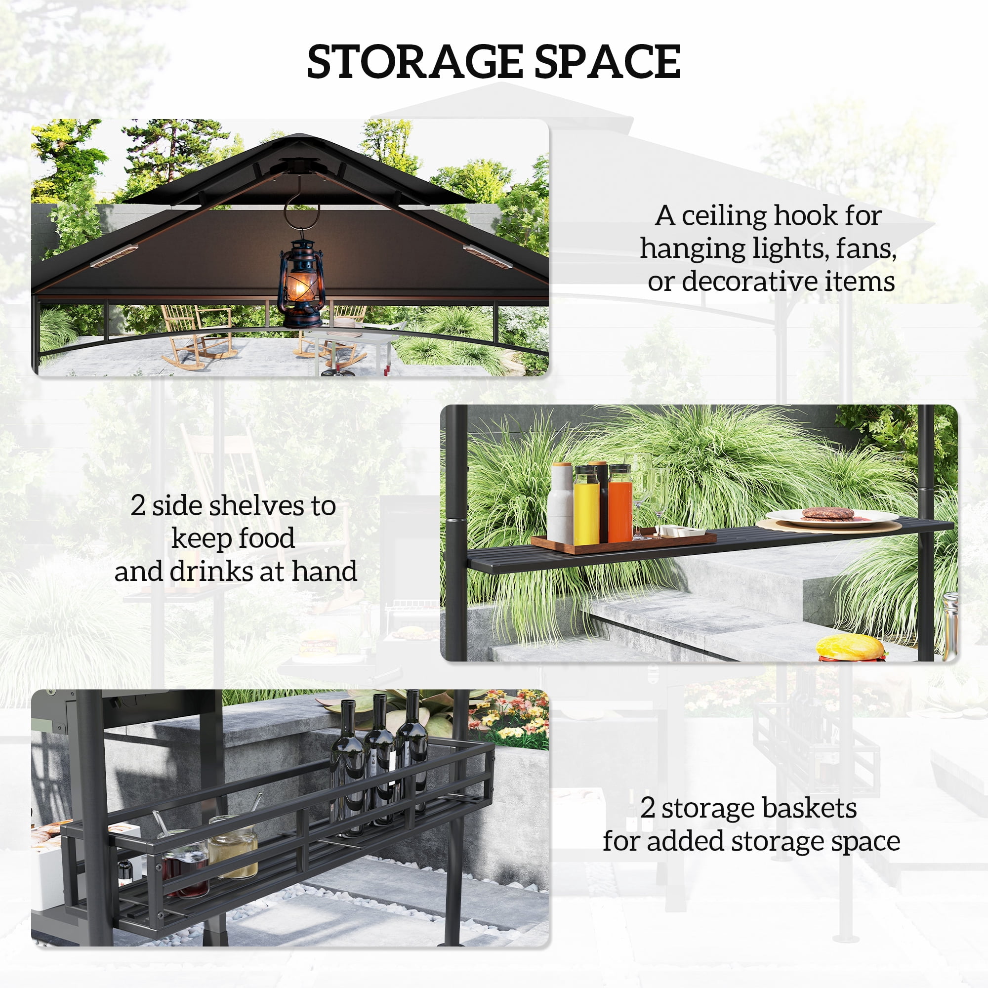 Outsunny 8' x 5' Grill Gazebo, 2-Tier Outdoor BBQ Gazebo with 2 Side Shelves, Storage Baskets and Ceiling Hook, Dark Gray