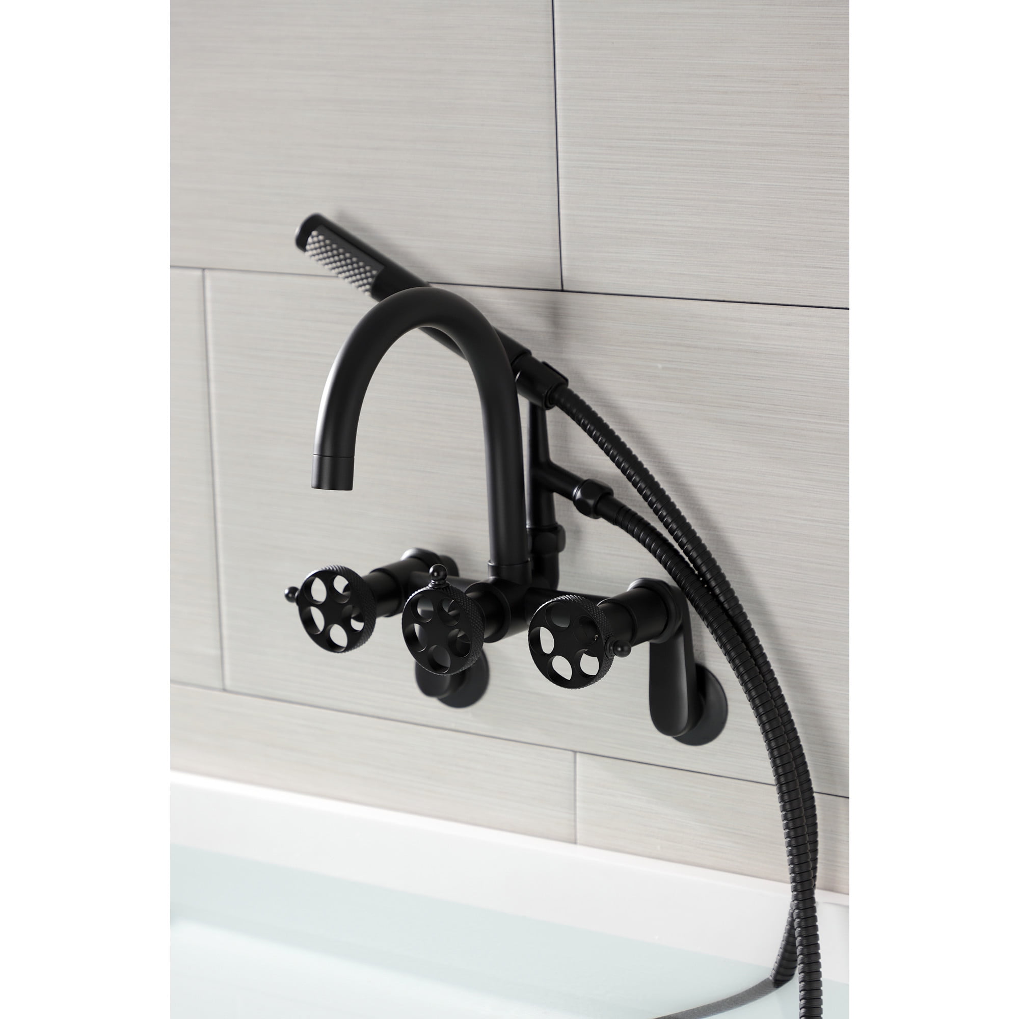 Kingston Brass AE8150RKX Webb 7-Inch Adjustable Wall Mount Clawfoot Tub Faucet with Knurled Handle and Hand Shower, Matte Black
