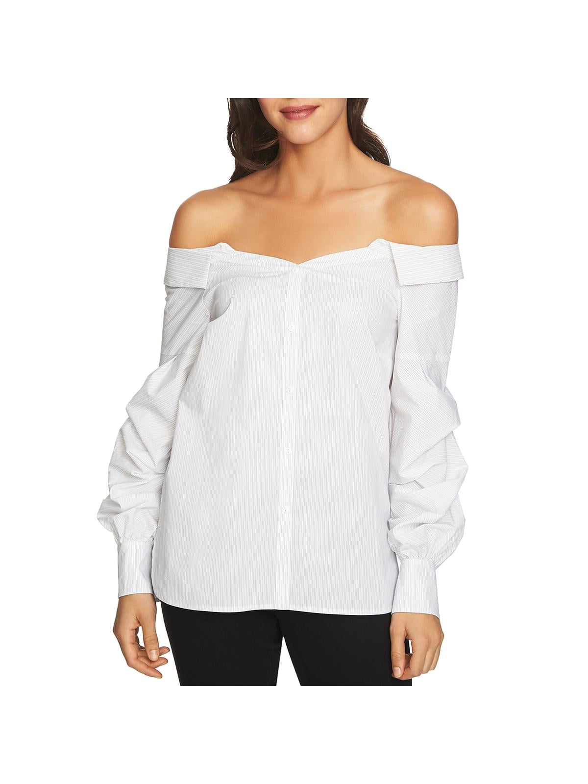 white off the shoulder button down top