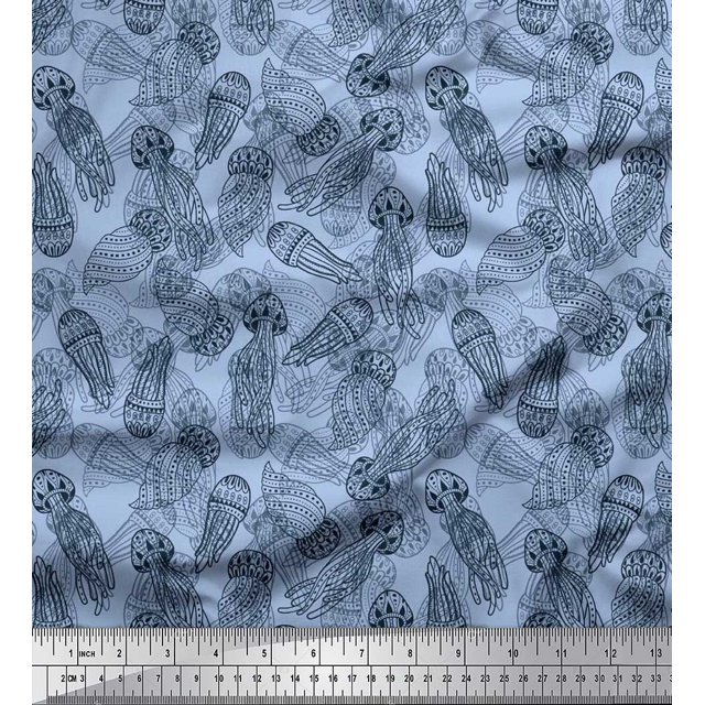 Soimoi Polyester Crepe Fabric Jellyfish Ocean Fabric Prints by Yard 52 Inch Wide