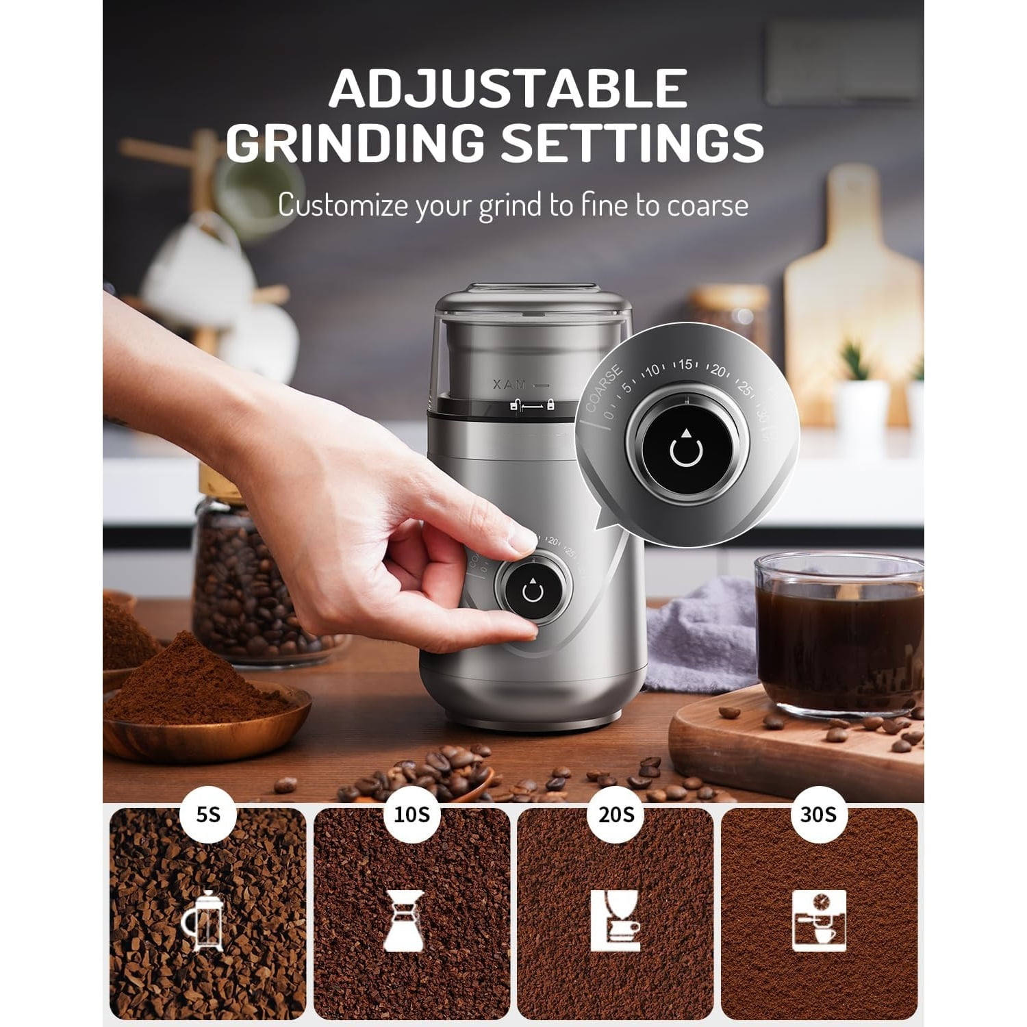 Electric Super Silent Blade Coffee Grinder, Timed Grind Control Rotary Knob, Adjustable Coarse to Fine for Coffee Beans, Spices & Herbs, with 2 Removable Stainless Steel Bowl, Silver