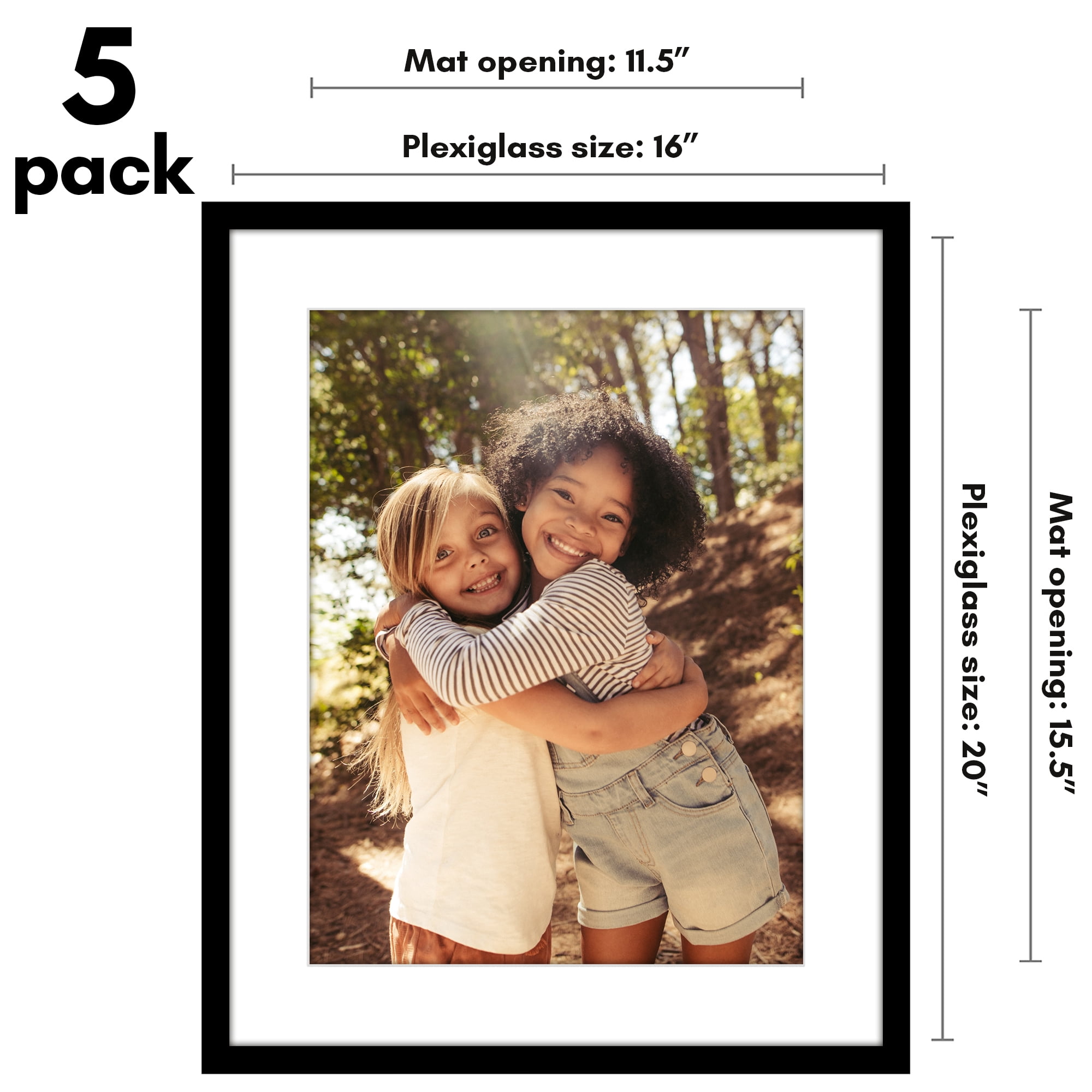 Americanflat 16x20 Picture Frame with Polished Plexiglass with 12x16 Mat 5 Pack Display Photo Galleria - Black