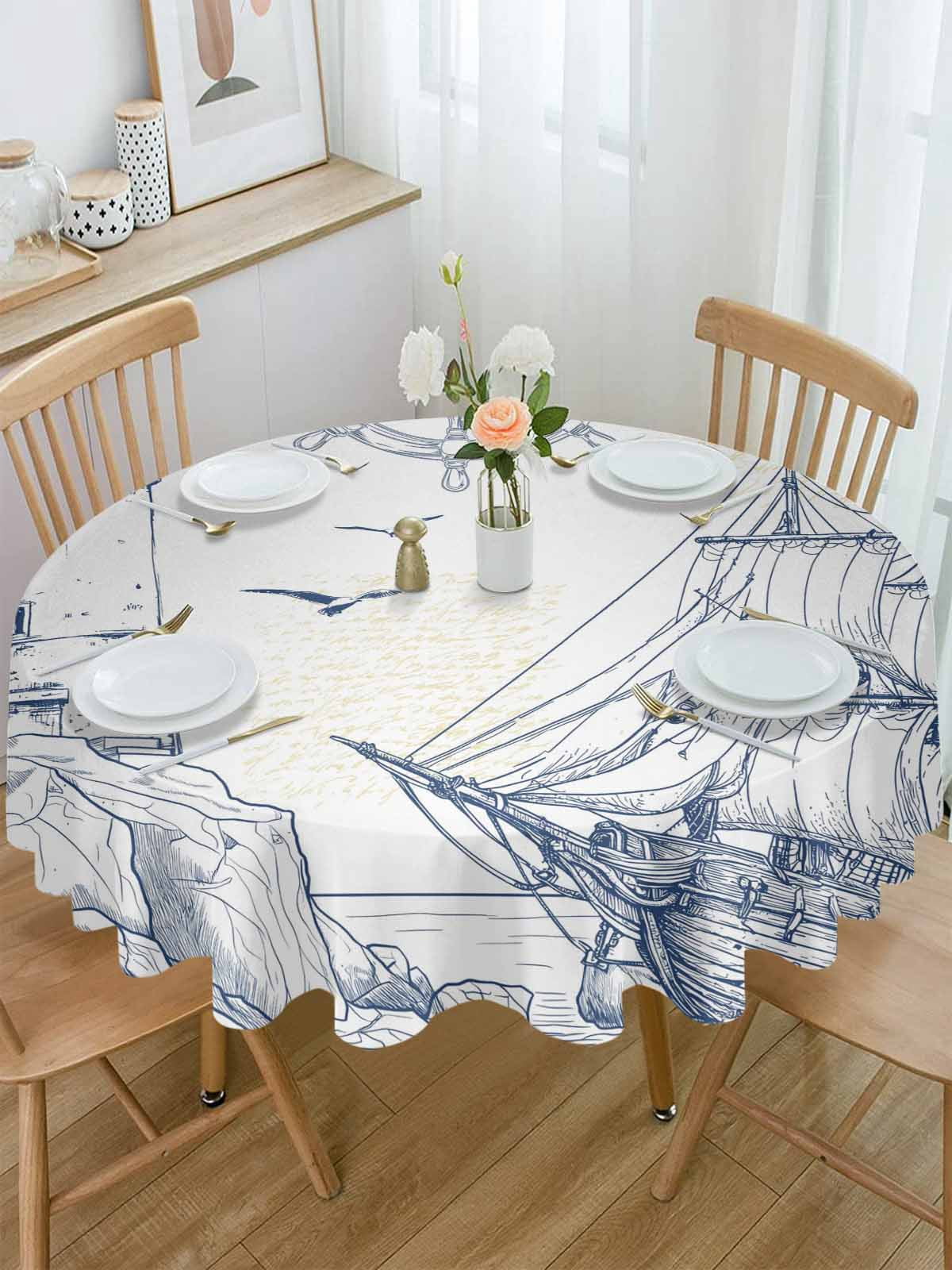Round Tablecloth Blue Nautical Boat Waterproof Oil Proof Polyester Table Cloth Cover Decor for Home Dining Outdoor,Patio,Parties, 60" Dia. Classic Ocean Lighthouse Sailing Anchor